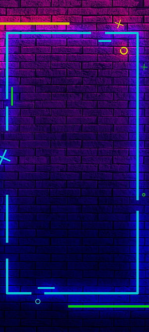 Neon Cyberpunk Brick Wall Background With Glowing Geometric Shapes HD phone wallpaper