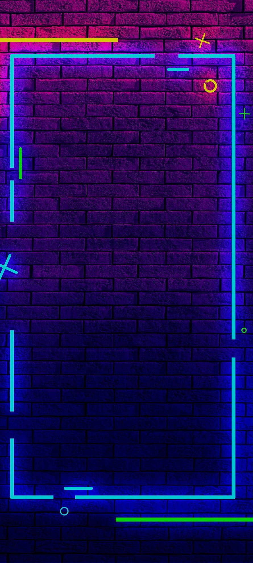 Neon Cyberpunk Brick Wall Background With Glowing Geometric Shapes HD phone wallpaper