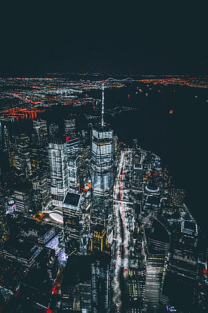 Aerial Night View of One World Trade Center and Lower Manhattan Skyline, Cities, Usa, Night City, Skyscrapers, United States, New York HD phone wallpaper