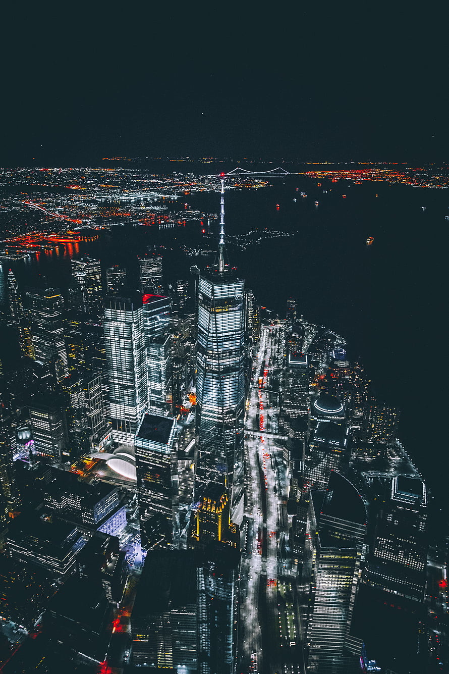 Aerial Night View of One World Trade Center and Lower Manhattan Skyline, Cities, Usa, Night City, Skyscrapers, United States, New York HD phone wallpaper