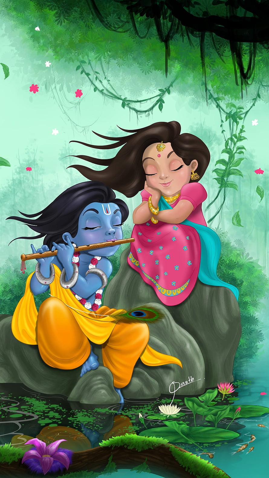 Cute Krishna Playing Flute For Radha In Lush Green Forest HD phone wallpaper