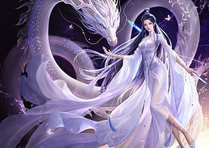 Ethereal Fantasy Woman in Flowing White Robes with a Majestic White Dragon, Girl and dragon, blue, frumusete, gorgeous, girl, superb, fanxiu, pink, fantasy, dragon, luminos, fan xiu HD wallpaper
