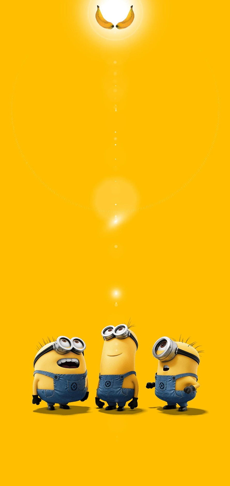 Three Minions Looking Up At Glowing Bananas On Yellow Background HD phone wallpaper