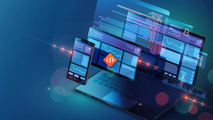 Digital illustration of a laptop and smartphone displaying web development code, analytics charts, and responsive design interfaces on a blue background HD wallpaper