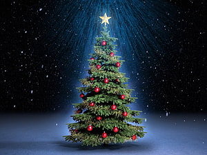 Decorated Christmas Tree With Red Ornaments And Star Topper Under Snowfall HD wallpaper