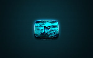 Glowing Cyan YouTube Play Button Icon on Dark Carbon Fiber Background HD wallpaper