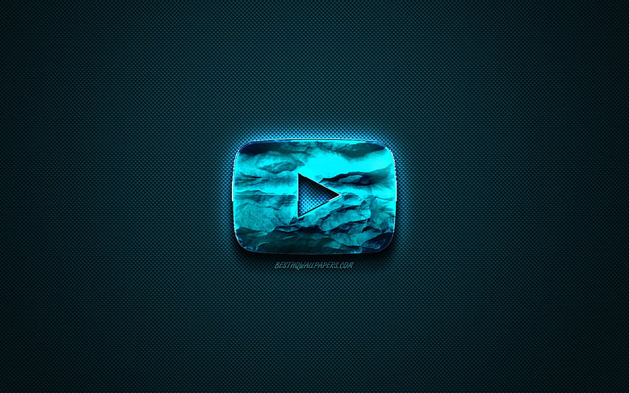 Glowing Cyan YouTube Play Button Icon on Dark Carbon Fiber Background HD wallpaper
