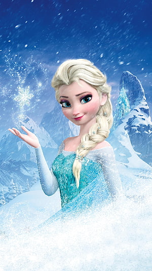 Elsa from Frozen creating magical snowflakes in a winter wonderland with ice palace background HD phone wallpaper