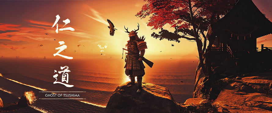 Ghost of Tsushima Samurai Standing on Cliff at Sunset with Japanese Temple and Red Maple Tree HD wallpaper