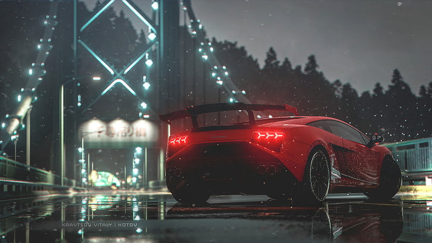 Red Lamborghini Huracan on a Rainy Night Bridge with Neon Lights HD wallpaper