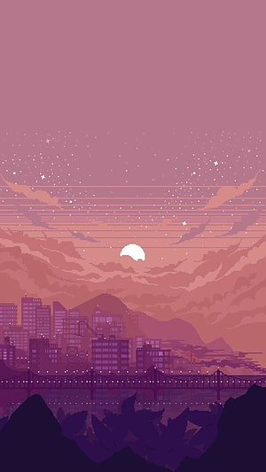 Pixel Art Cityscape at Dusk with Bridge, Mountains, and Starry Sky HD phone wallpaper