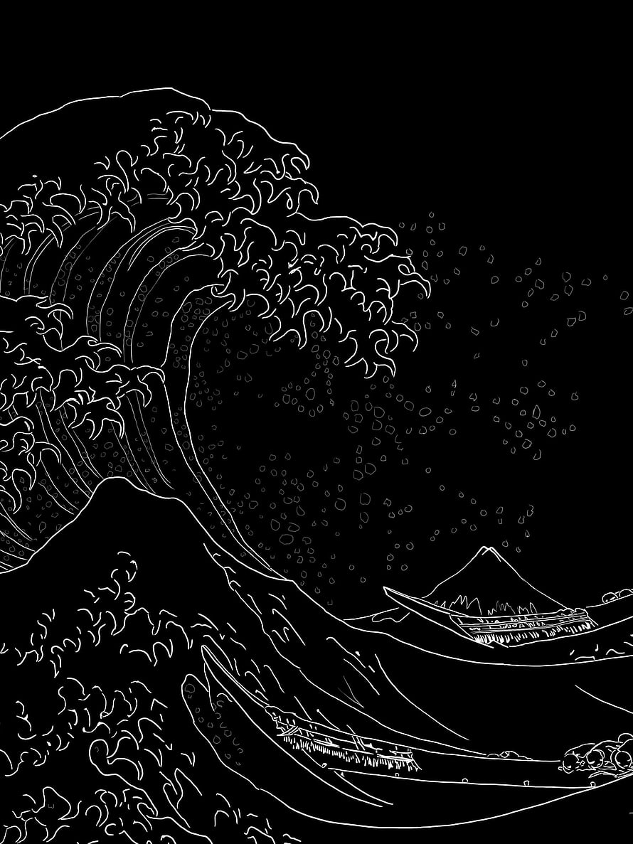 The Great Wave off Kanagawa by Hokusai in Black and White Line Art HD phone wallpaper