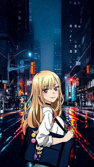 Marin Kitagawa anime girl standing on a rainy neon-lit city street at night HD phone wallpaper
