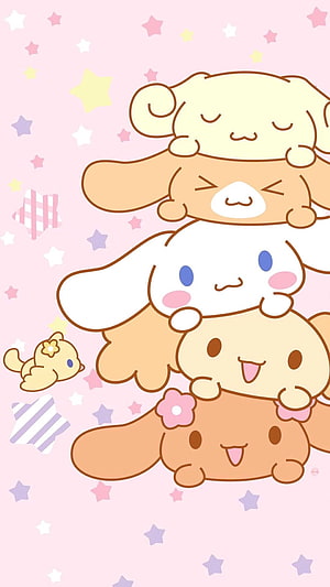Cute Cinnamoroll and Friends Stacking on Pink Background with Stars HD phone wallpaper