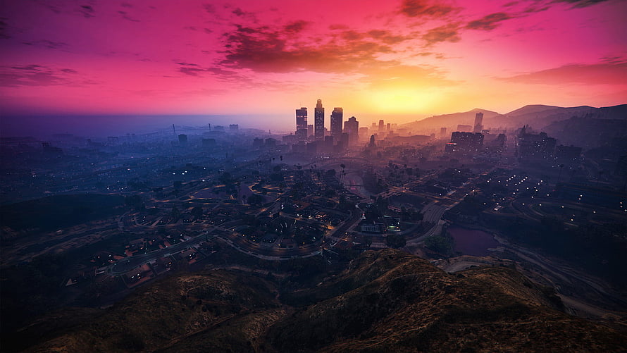 Grand Theft Auto V Los Santos Skyline at Sunset with Vibrant Pink and Orange Hues HD wallpaper