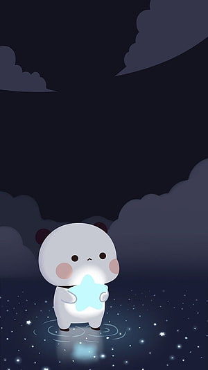 Cute cartoon panda holding a glowing star in a magical night sky with clouds and sparkles HD phone wallpaper