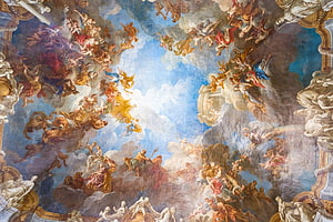 Baroque Ceiling Fresco Featuring Angels and Mythological Figures in the Clouds HD wallpaper