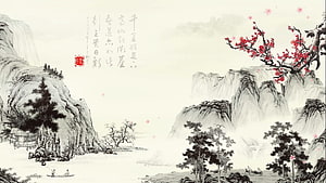 Traditional Chinese Ink Wash Landscape Painting with Mountains and Plum Blossoms HD wallpaper