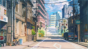 Sunny Japanese Neighborhood Street Scene in Anime Style with Railway Crossing and Urban Buildings HD wallpaper