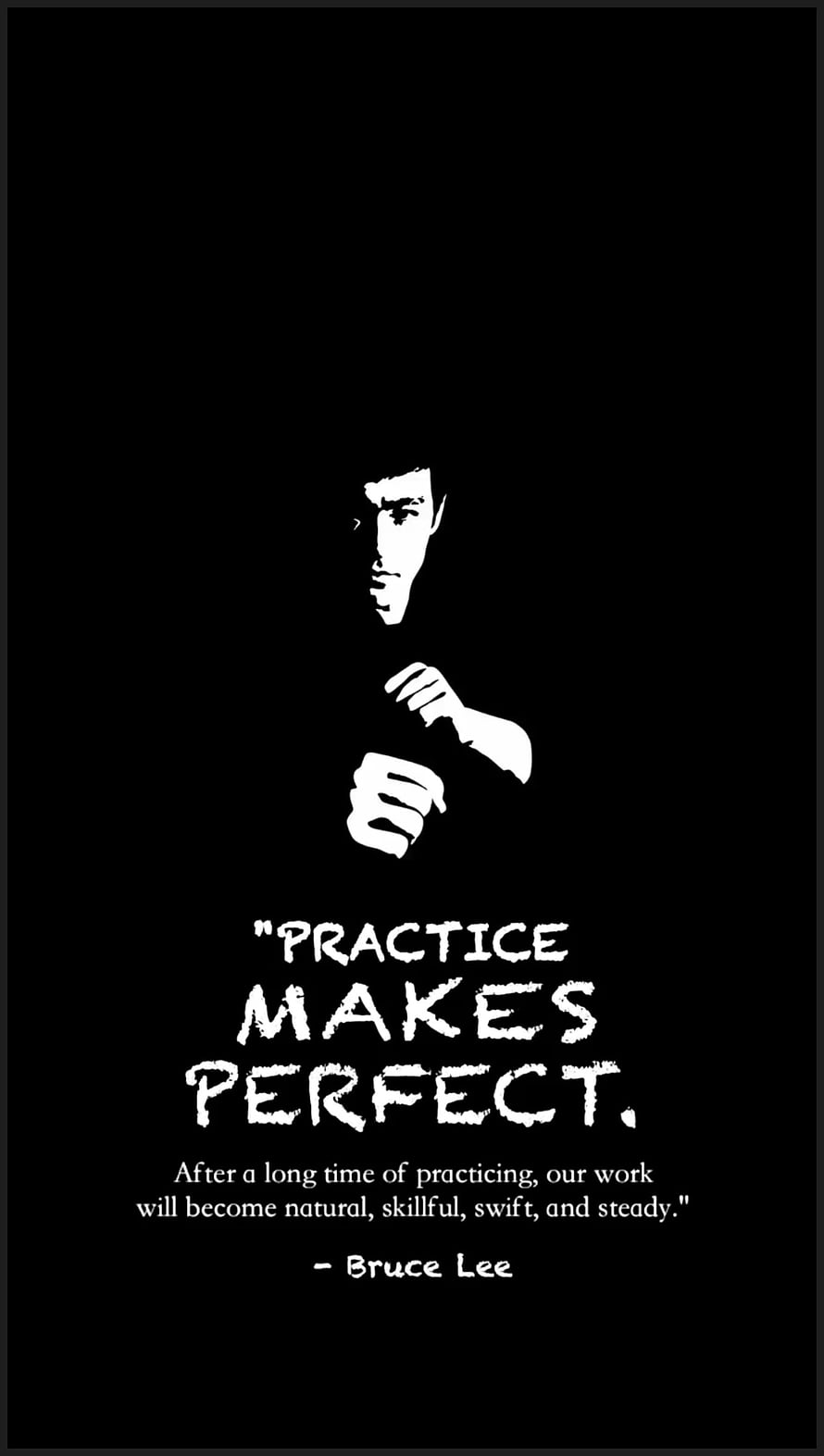 Bruce Lee Practice Makes Perfect Motivational Quote with Black and White Illustration HD phone wallpaper