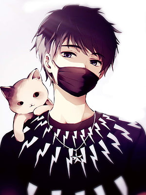 Anime Boy With Black Mask And Cat On Shoulder HD phone wallpaper