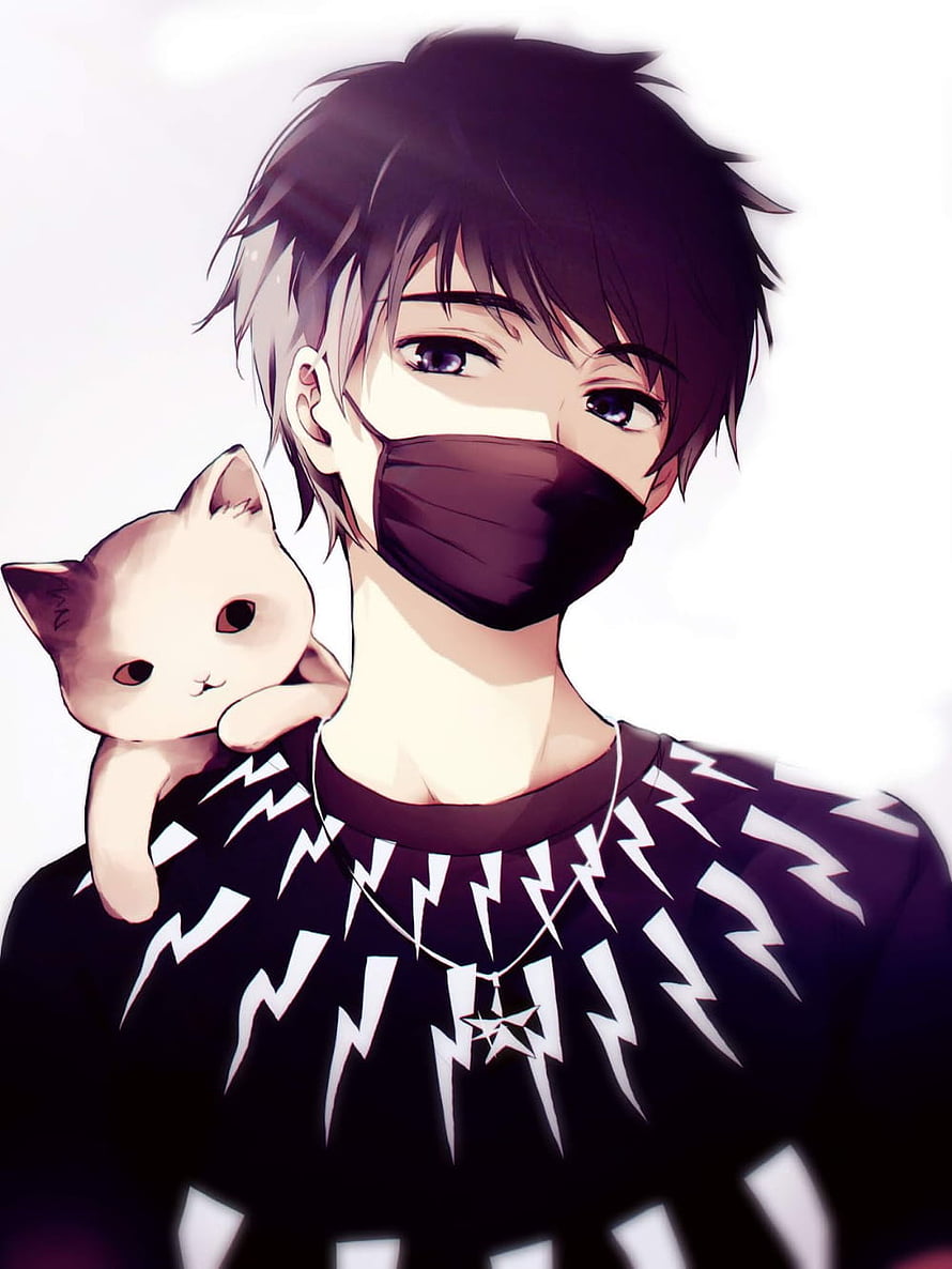 Anime Boy With Black Mask And Cat On Shoulder HD phone wallpaper
