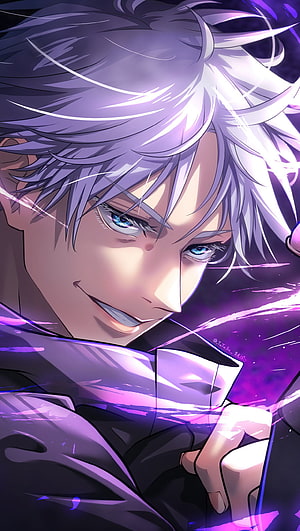 Gojo Satoru from Jujutsu Kaisen anime character portrait with white hair and blue eyes in purple lighting HD phone wallpaper
