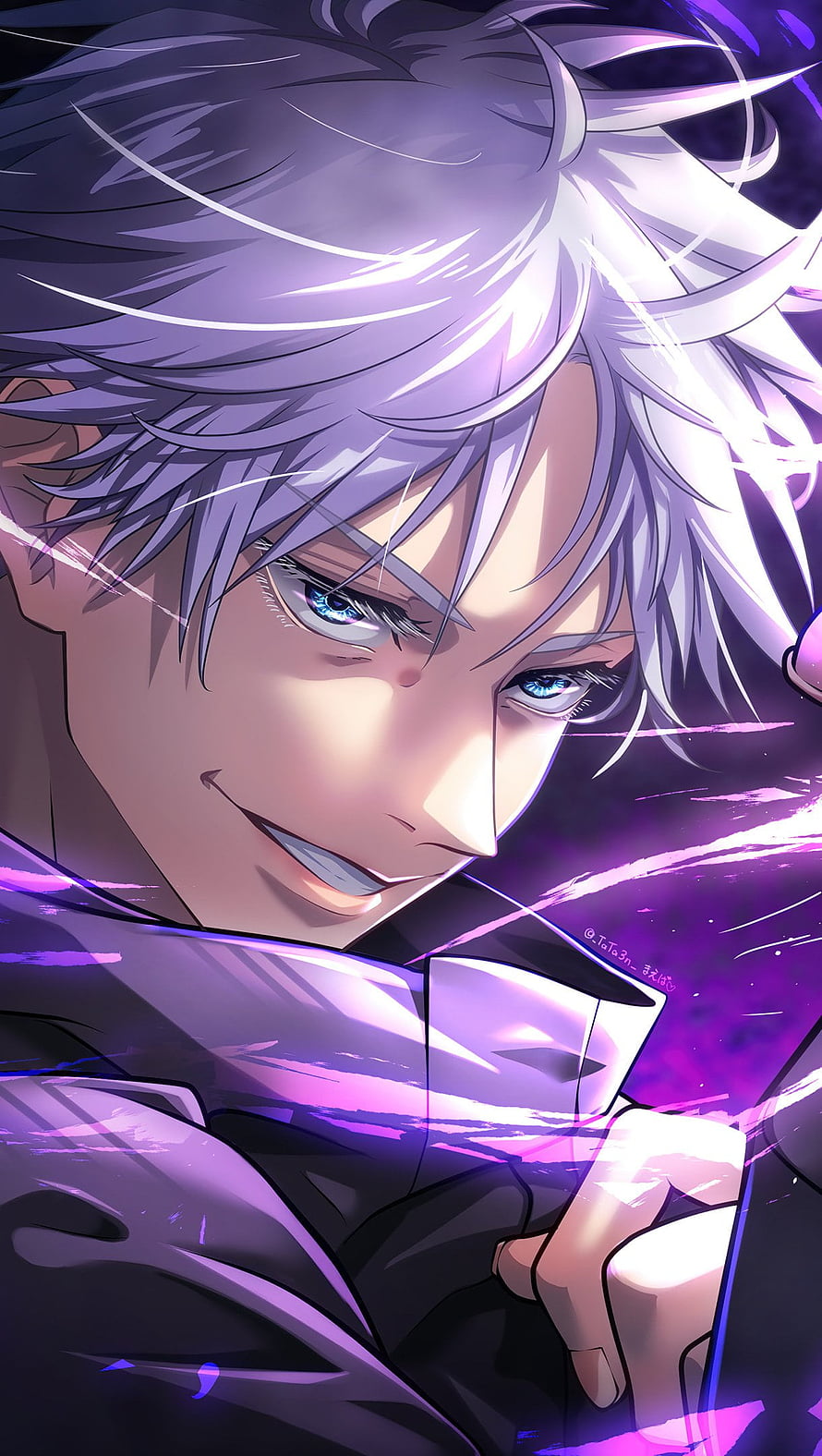 Gojo Satoru from Jujutsu Kaisen anime character portrait with white hair and blue eyes in purple lighting HD phone wallpaper