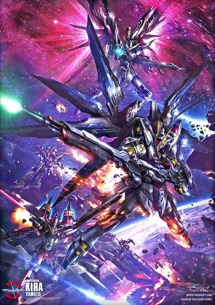 Strike Freedom Gundam and Destiny Gundam Battle in Space HD phone wallpaper