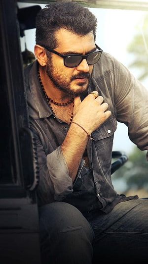 Portrait of a stylish man with beard and sunglasses sitting in a vehicle, Best Movies Of Thala Ajith Kumar, Ajith Veeram HD phone wallpaper
