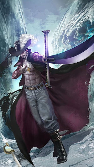 Dracule Mihawk from One Piece Wielding His Giant Sword in a Dramatic Fantasy Pose HD phone wallpaper
