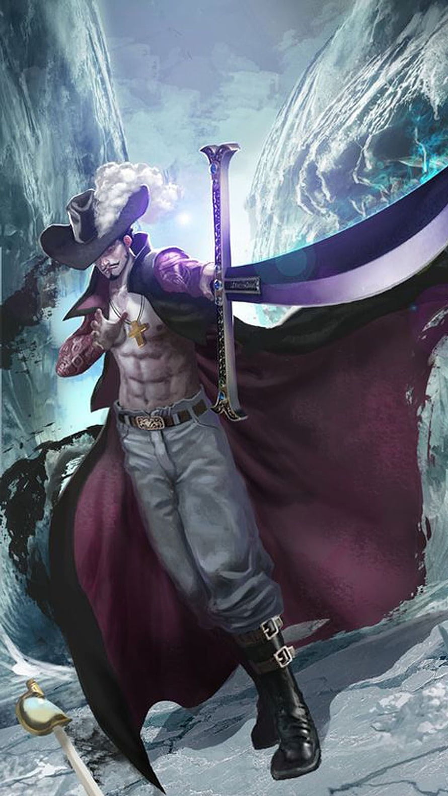 Dracule Mihawk from One Piece Wielding His Giant Sword in a Dramatic Fantasy Pose HD phone wallpaper