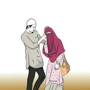 Muslim Couple Illustration With Man Adjusting Woman's Hijab, Best Muslim cartoon couples . Muslim couples, Anime, Cute Wedding Cartoon HD phone wallpaper
