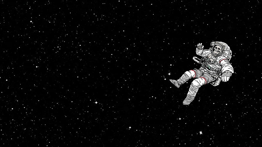 Skull Astronaut Floating in Starry Space, Black and White Line Art Illustration HD wallpaper