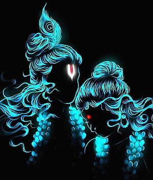 Neon Blue Silhouette Couple With Glowing Hair And Red Eyes HD phone wallpaper
