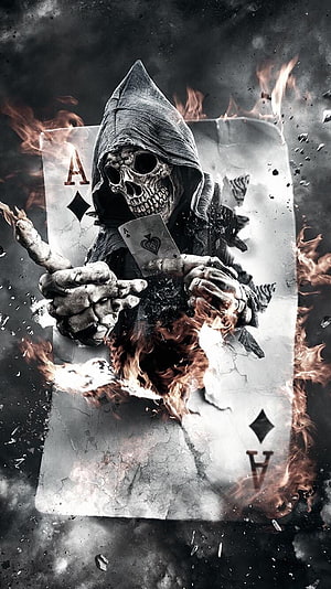 Grim Reaper Skeleton Holding Playing Cards in Flames Dark Fantasy Art HD phone wallpaper