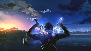 Kirito Dual Wielding Swords Against Heathcliff at Sunset Sword Art Online Anime Wallpaper HD wallpaper