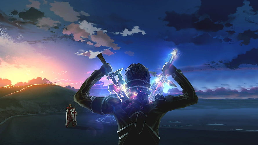 Kirito Dual Wielding Swords Against Heathcliff at Sunset Sword Art Online Anime Wallpaper HD wallpaper