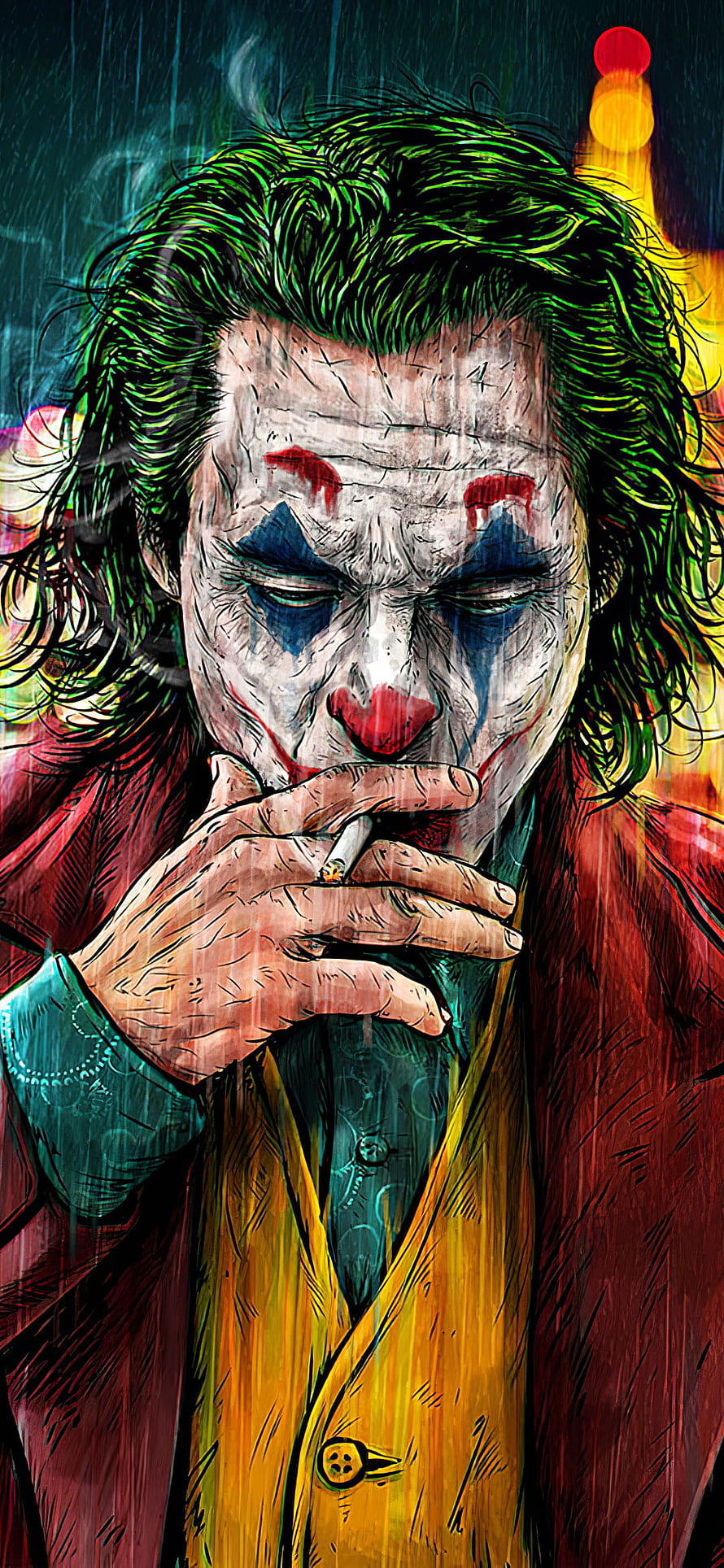 Joker Character Art Illustration Smoking Cigarette in Rain HD phone wallpaper