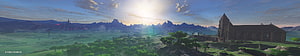 Fantasy Landscape With Ancient Ruined Church And Distant Mountains HD wallpaper
