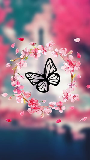 Elegant Black Butterfly Silhouette Inside Pink Cherry Blossom Floral Wre HD phone wallpaper