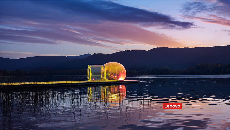 Glowing Transparent Bubble Hotel Cabin on Lake Dock at Sunset HD wallpaper