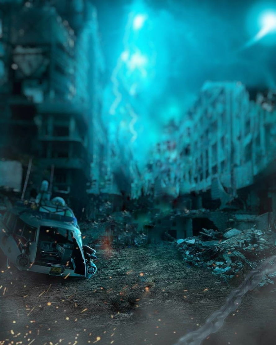 Cinematic Post-Apocalyptic City Ruins with Blue Lightning Storm and Abandoned Vehicle HD phone wallpaper