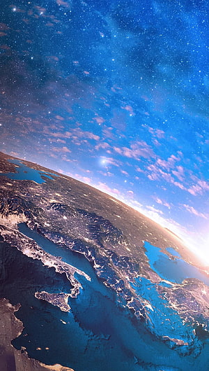 Earth From Space: Starry Night Sky Over the Curved Horizon and Clouds HD phone wallpaper