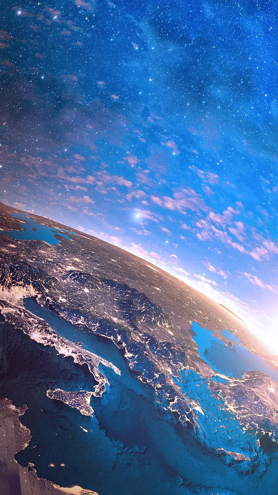 Earth From Space: Starry Night Sky Over the Curved Horizon and Clouds HD phone wallpaper