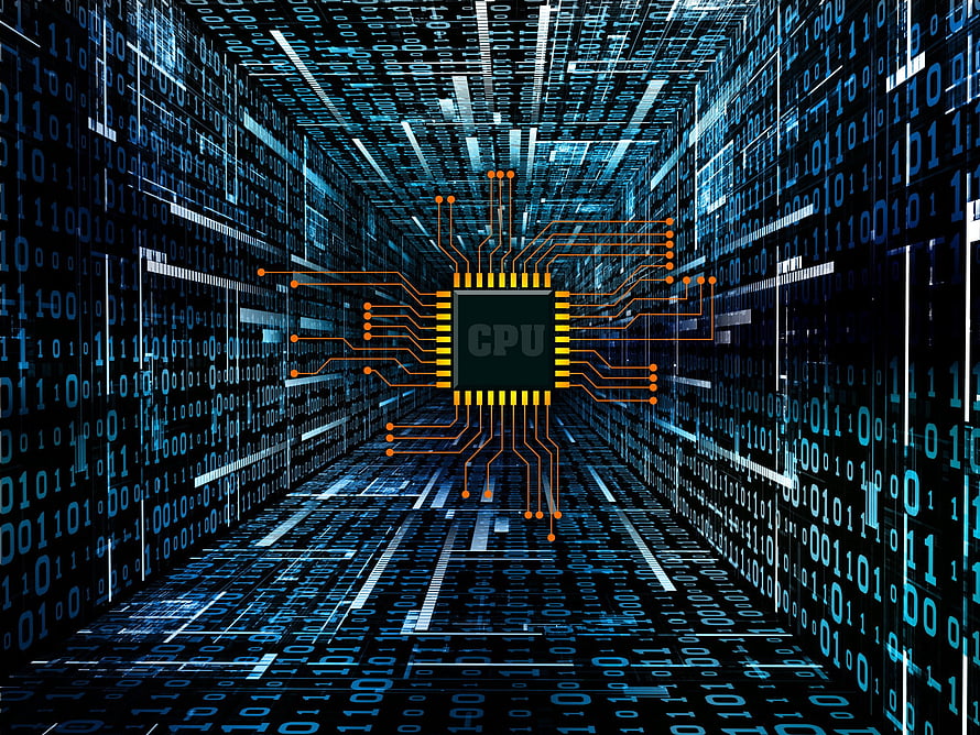 Central Processing Unit Chip Floating in Digital Binary Code Tunnel HD wallpaper