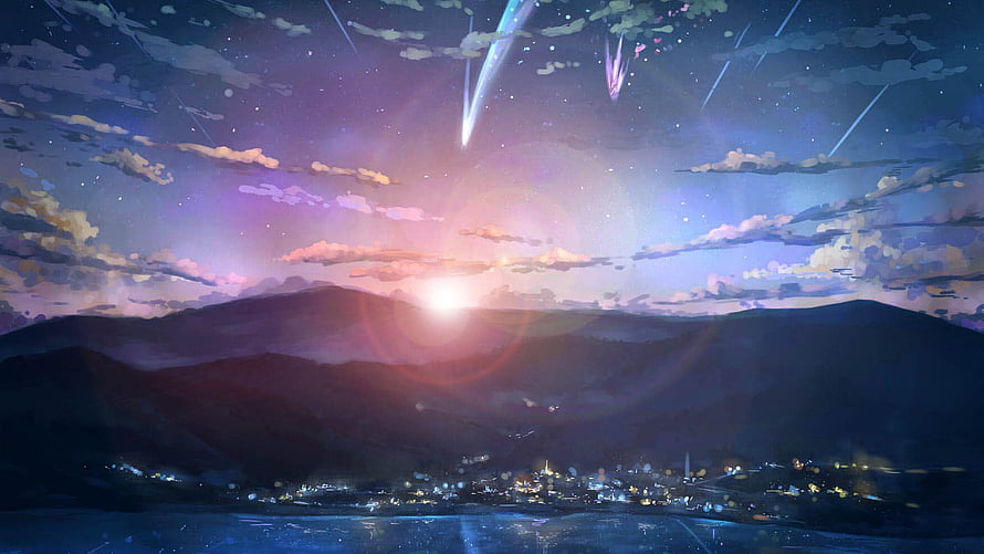 Your Name Anime Night Sky with Shooting Stars Over Mountain Landscape HD wallpaper