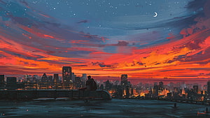 Lone Figure on Rooftop Watching Vibrant Sunset Over City Skyline HD wallpaper