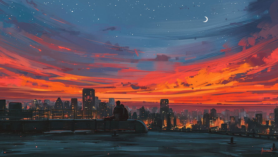 Lone Figure on Rooftop Watching Vibrant Sunset Over City Skyline HD wallpaper