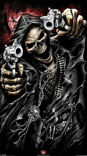 Grim Reaper Skeleton Holding Dual Revolvers With Bullet Belts And Pentagram Pendant HD phone wallpaper